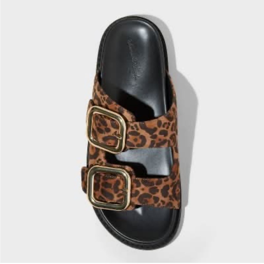 Universal Thread Collin Double Buckle Footbed Sandals Brown Leopard Slides - Picture 2 of 6